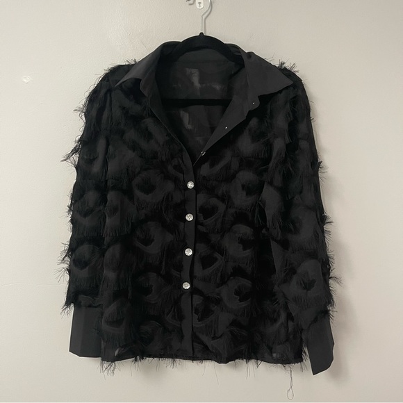 Tops - Black long sleeve fringe detail button up top